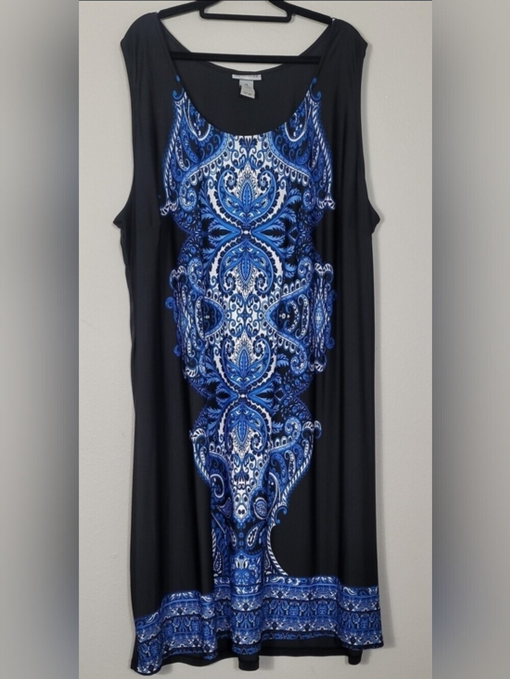 Catherines Paisley Shift Dress Size 3X Black Blue Sleeveless Midi Modest Classic